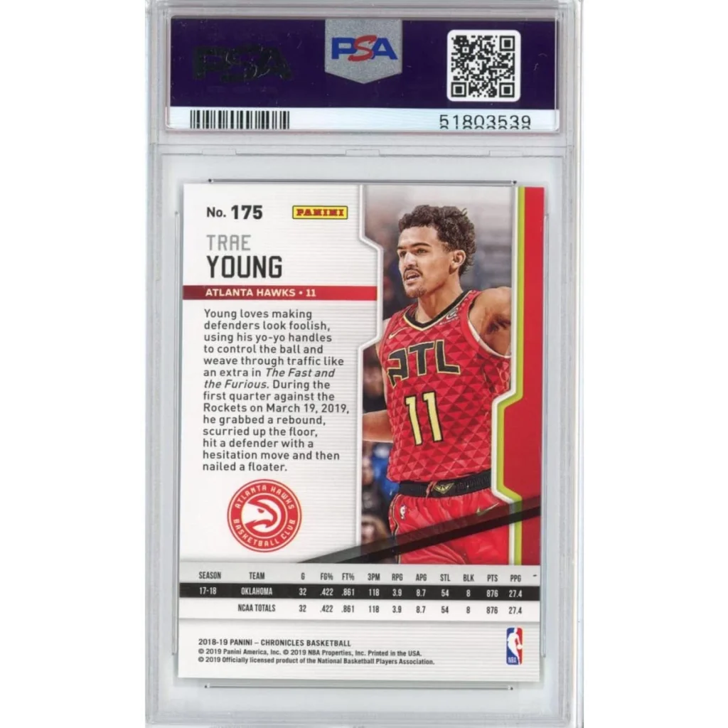 Back of graded PSA 10 Trae Young #11 Hawks rookie card jersey