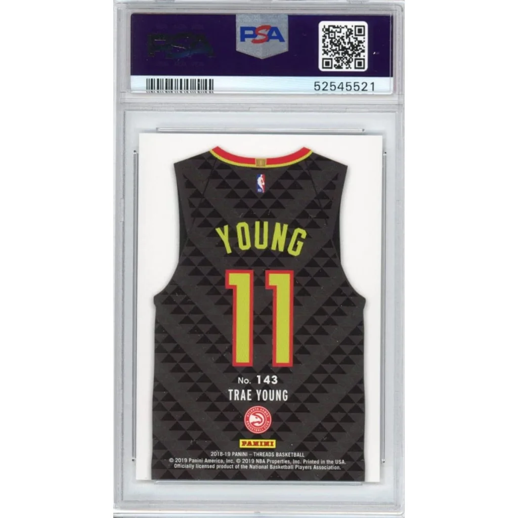 Graded Trae Young 2018 Panini Threads rookie basketball card with jersey and YOUNG 11 on back