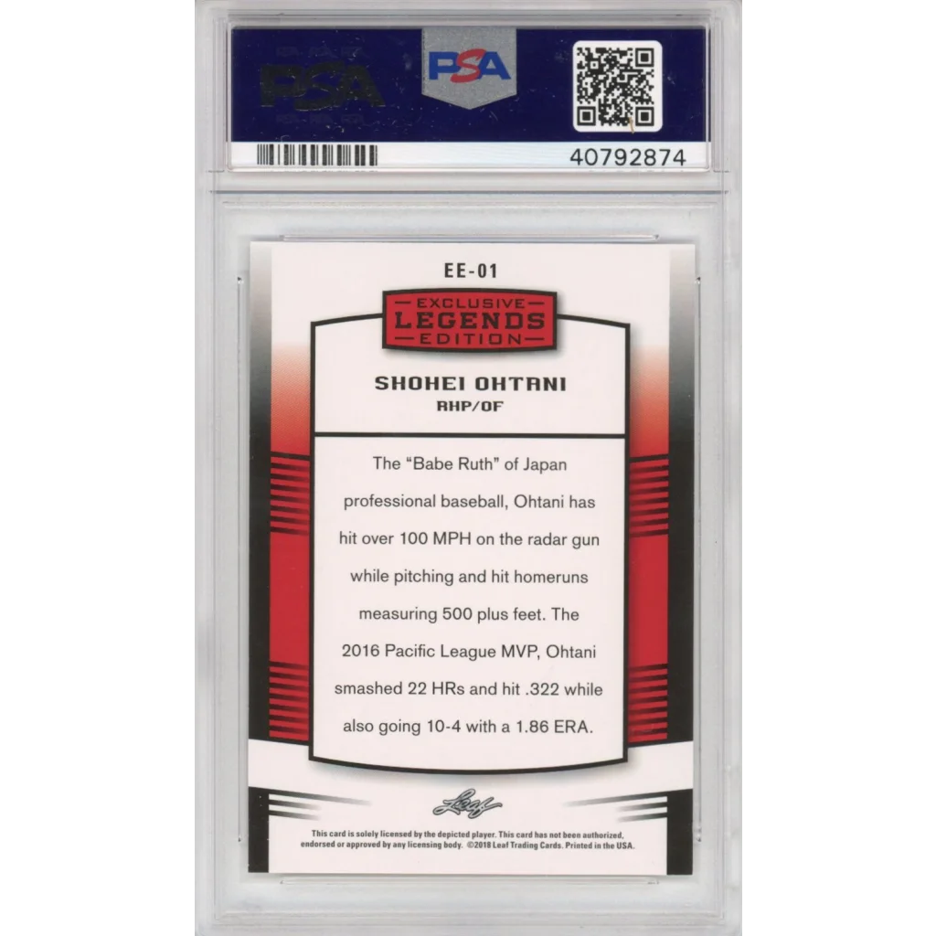 Red and black graded 2018 Leaf Legends Shohei Ohtani rookie baseball card encased in a psa 10 gem mint slab
