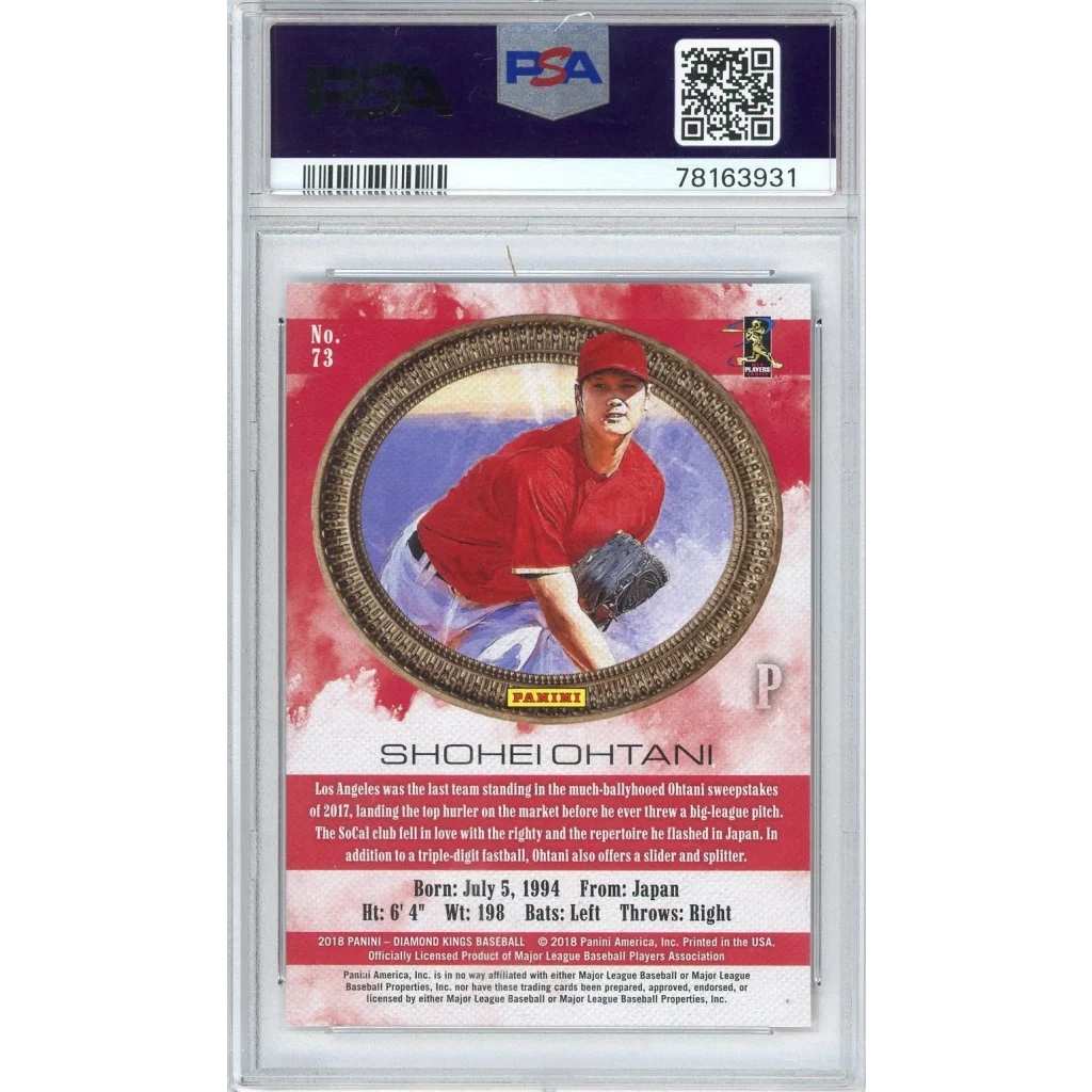 Graded 2018 Panini Diamond Kings Shohei Ohtani rookie baseball card in red and gold border in PSA 10 protective slab