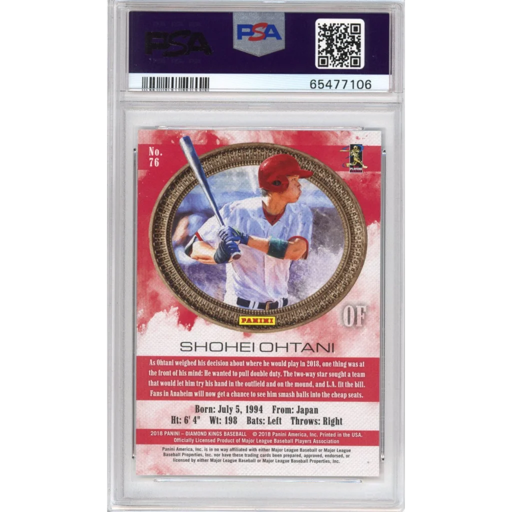 Graded 2018 Panini Diamond Kings shohei ohtani rookie baseball card featuring him in red helmet and white uniform