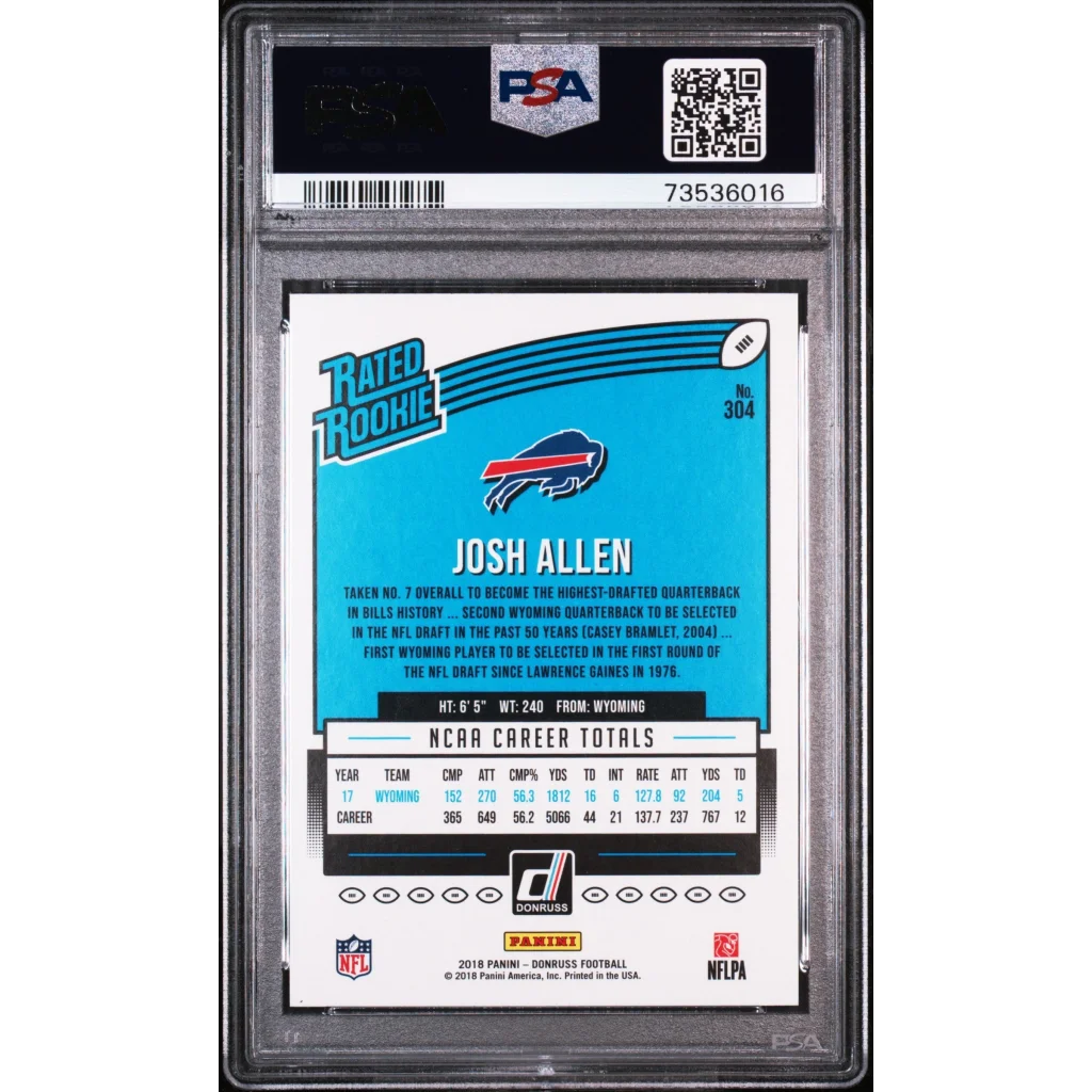 Graded 2018 Panini Donruss Josh Allen #304 Rookie RC Football Card PSA 10 Gem Mint | PSA 10 Gem Mint Graded Rookie Card | vintageantiquesgifts.com