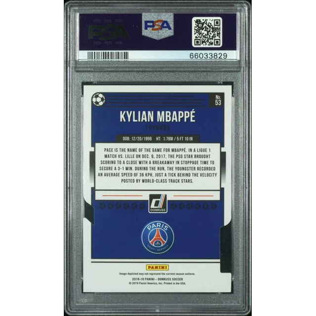 Graded 2018 Panini Donruss Press Proof Die Cuts Kylian Mbappe #53 /100 Soccer Card PSA 9 Mint | PSA 9 Mint Graded Soccer Card | vintageantiquesgifts.com