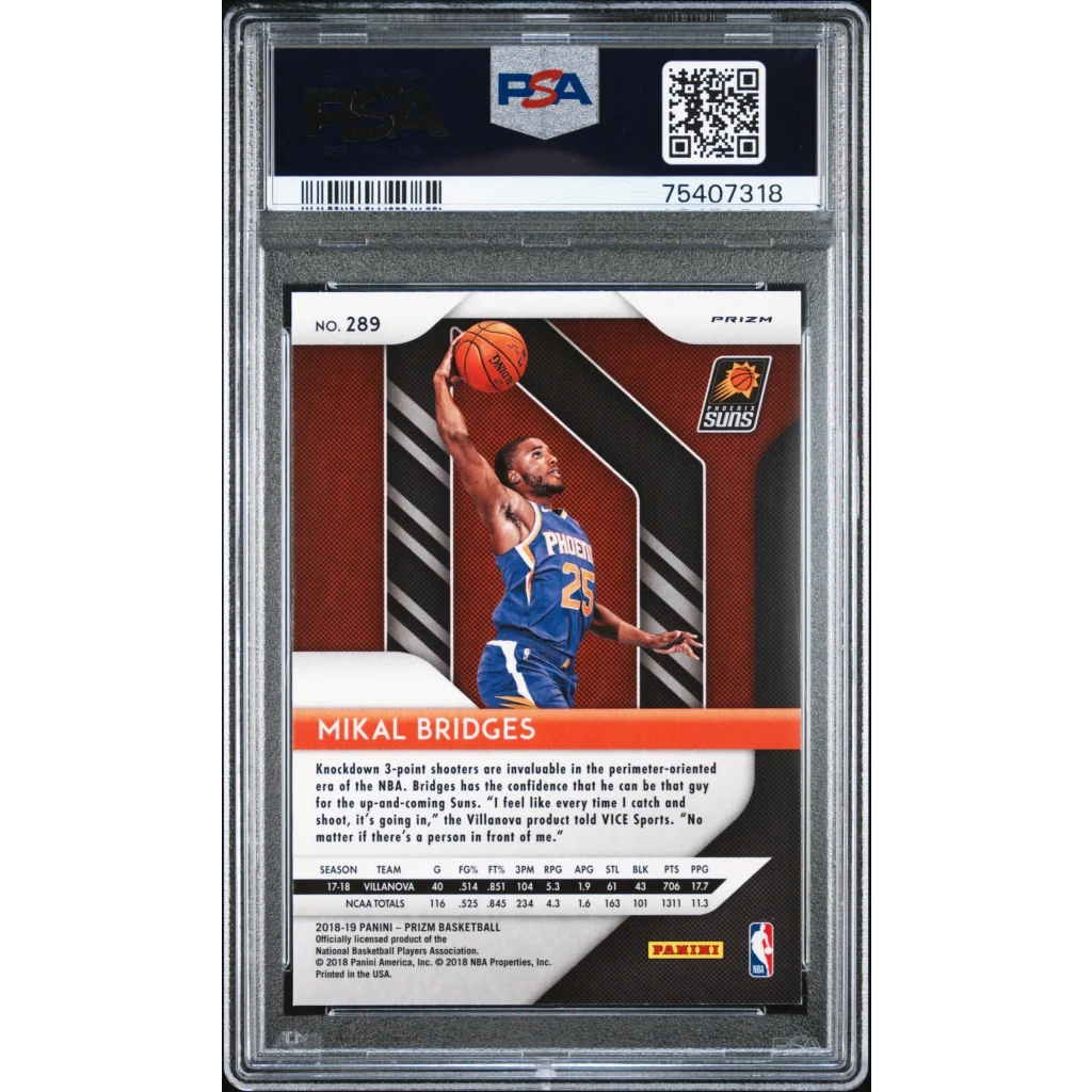 Graded PSA 10 2018 Panini Prizm Mikal Bridges Red Ice Rookie #289 dunk