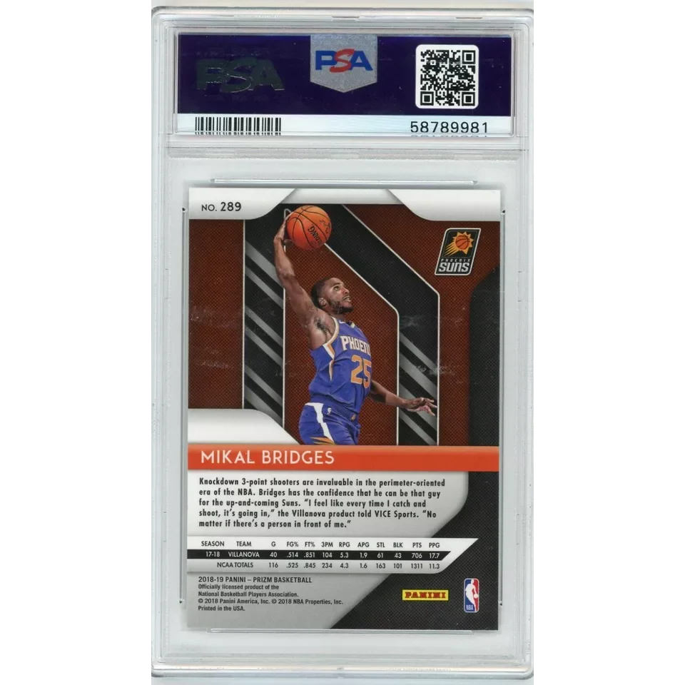 Graded Mikal Bridges 2018 Panini Prizm Rookie Card in PSA case