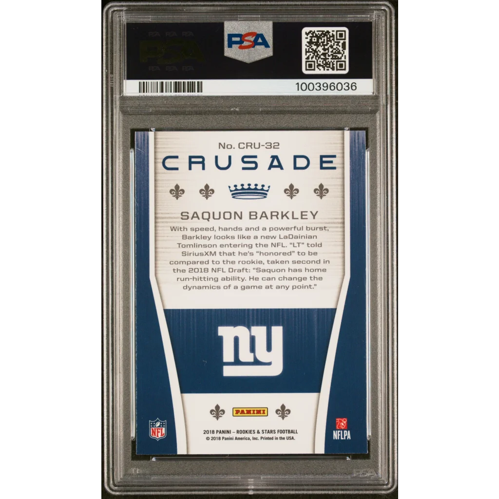 Graded 2018 Saquon Barkley Crusade Rookie Card football trading card in a PSA case