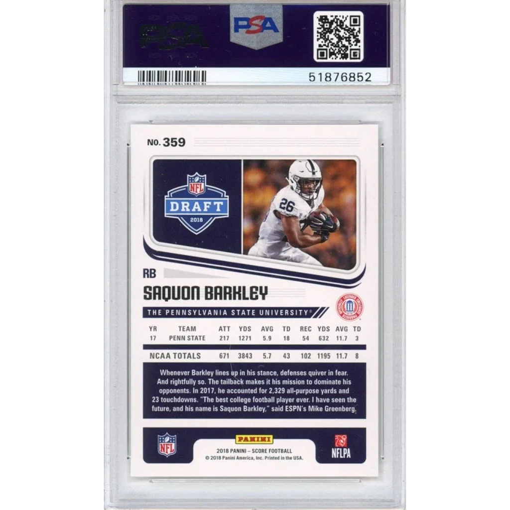 A graded Saquon Barkley 2018 Panini Score Rookie Card in PSA holder