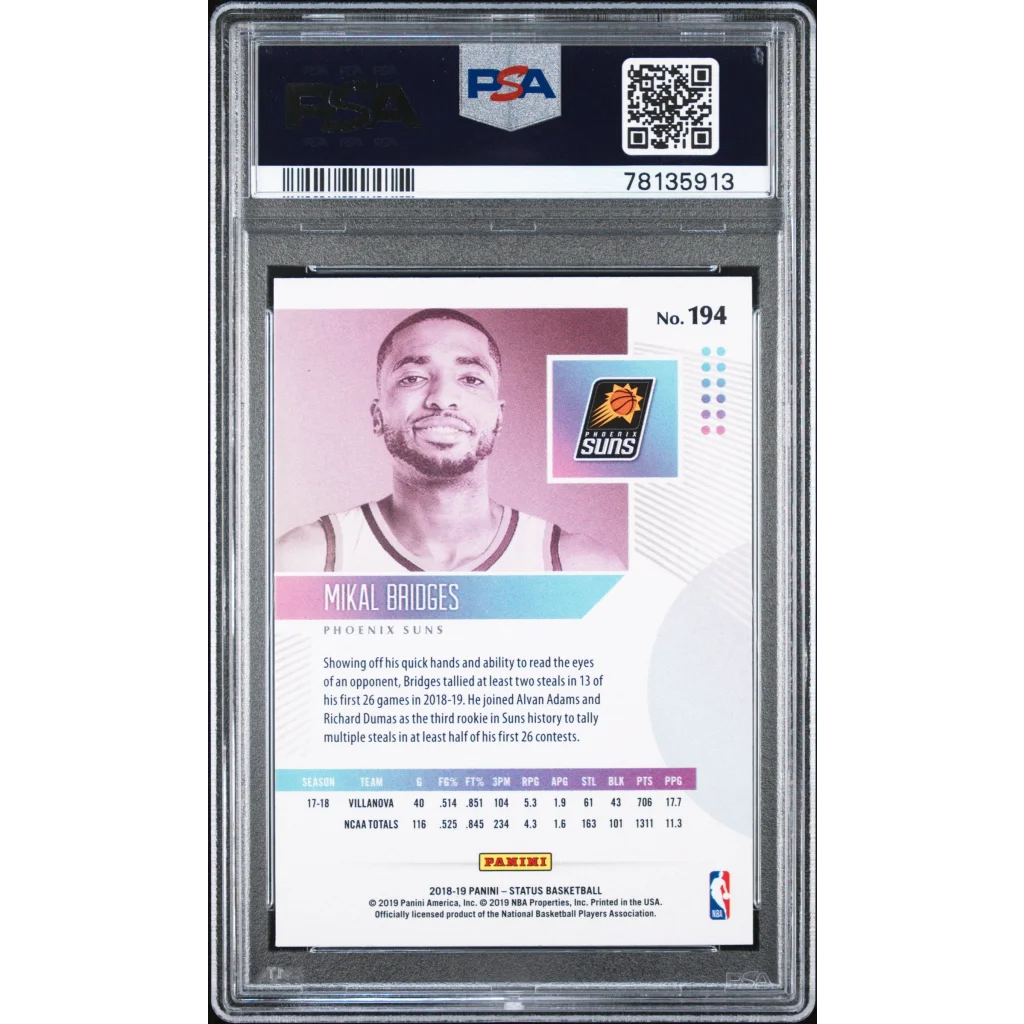 Graded PSA 10 Mikal Bridges 2018 Panini Status Phoenix Suns basketball card