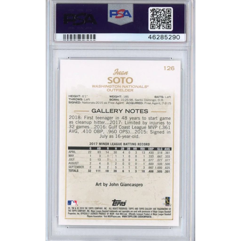 Graded 2018 Topps Gallery Juan Soto #126 Rookie RC Baseball Card PSA 10 Gem Mint | PSA 10 Gem Mint Graded Rookie Card | vintageantiquesgifts.com