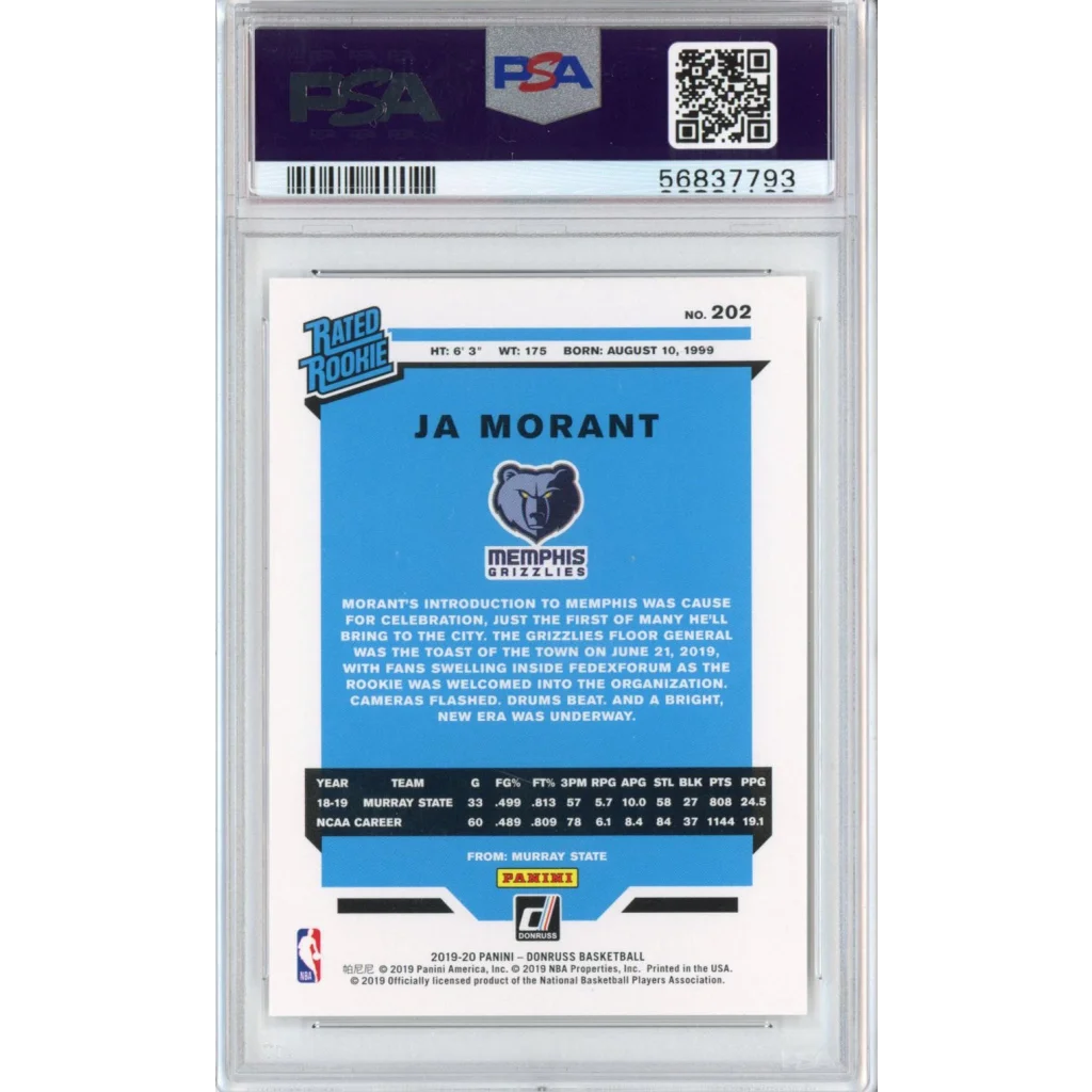 Graded 2019-20 Panini Donruss Ja Morant #202 Rated Rookie RC Basketball Card PSA 10 Gem Mint | PSA 10 Gem Mint Graded Rookie Card | vintageantiquesgifts.com