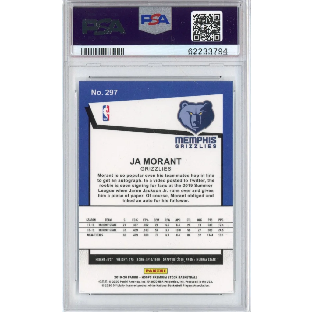 Graded 2019-20 Panini Hoops Premium Stock Ja Morant #297 Rookie RC Basketball Card PSA 10 Gem Mint | PSA 10 Gem Mint Graded Rookie Card | vintageantiquesgifts.com