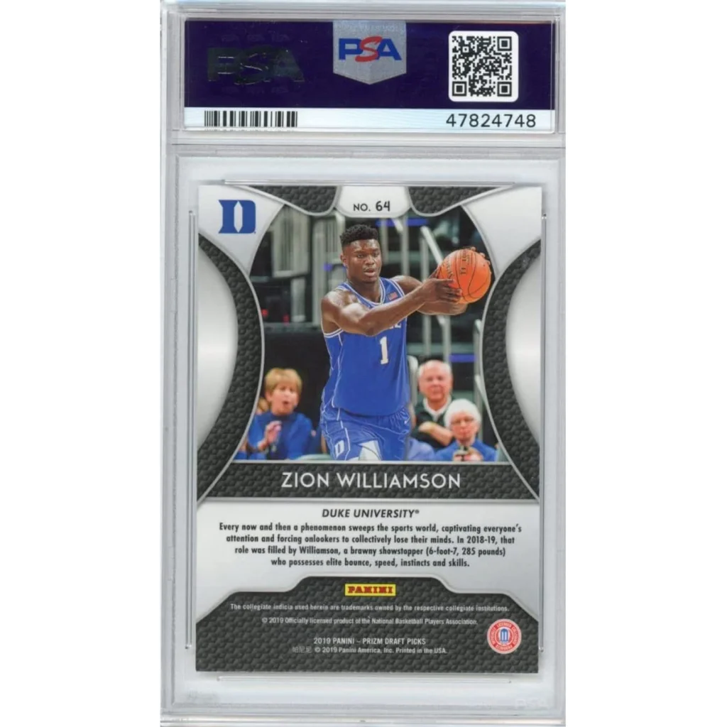 PSA graded Zion Williamson 2019 Panini Prizm rookie basketball card on display