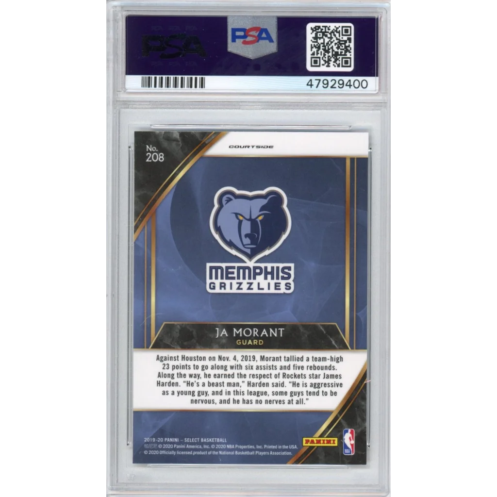 Graded 2019-20 Panini Select Ja Morant #208 Courtside Rookie RC Basketball Card PSA 10 Gem Mint | PSA 10 Gem Mint Graded Rookie Card | vintageantiquesgifts.com