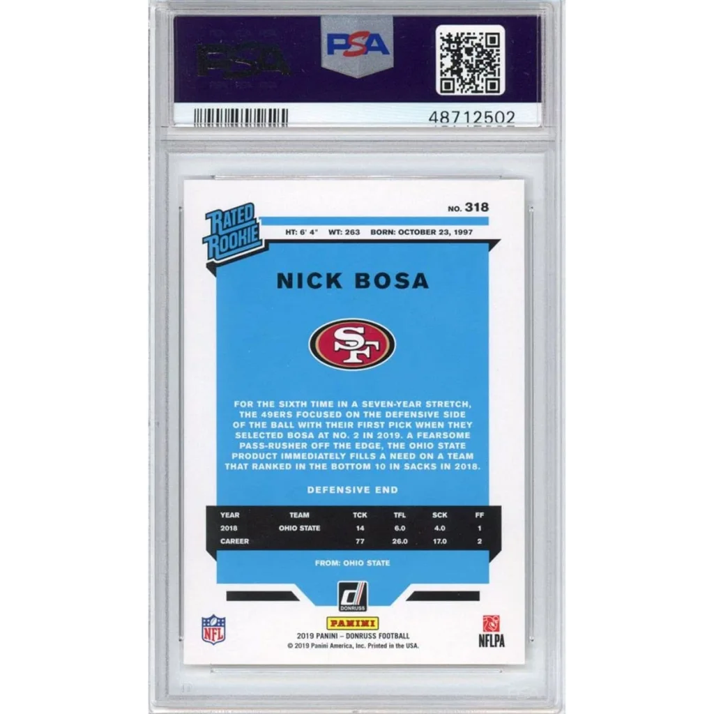 A graded Nick Bosa 2019 Panini Donruss rookie football card in PSA case