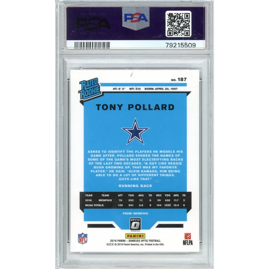 A graded Tony Pollard 2019 Panini Donruss Optic Rookie Card in PSA holder
