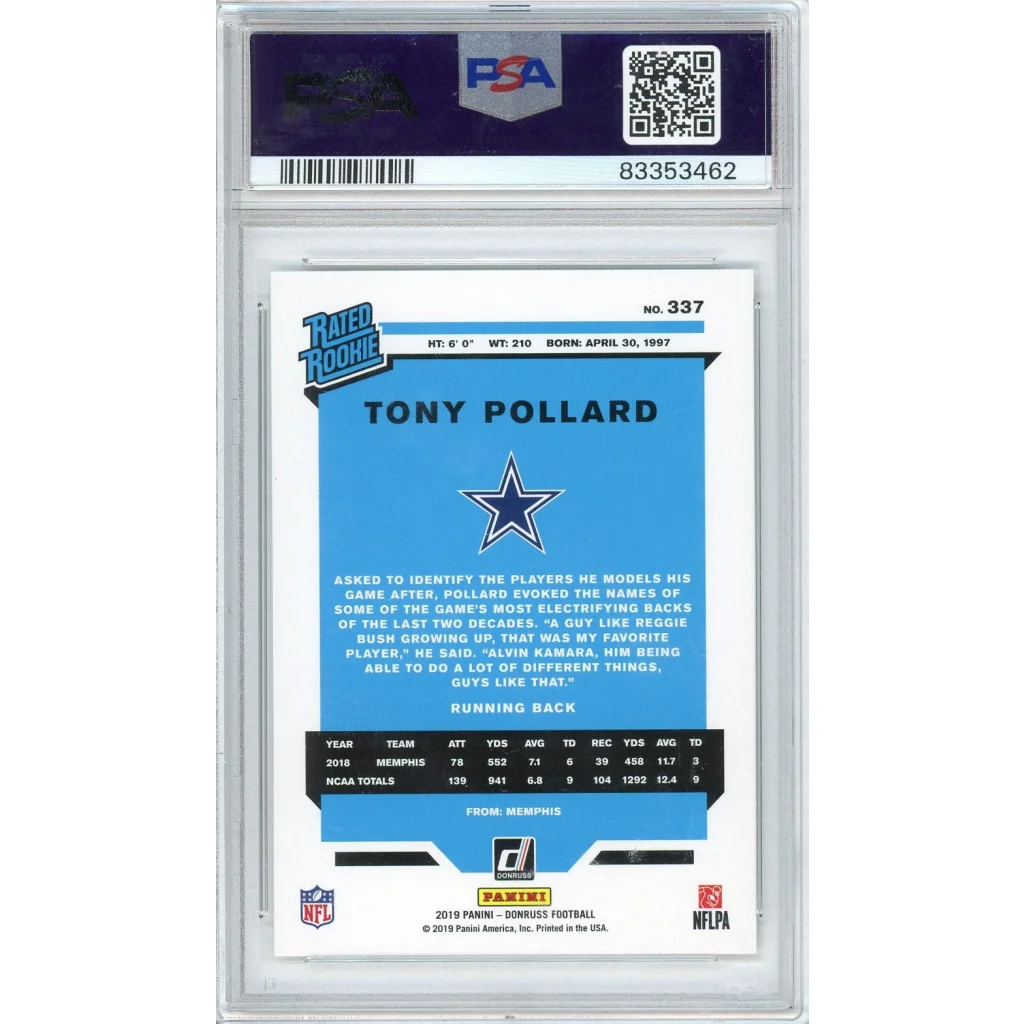 Graded 2019 Panini Donruss Tony Pollard #337 Rookie RC PSA 10 Gem Mint Card