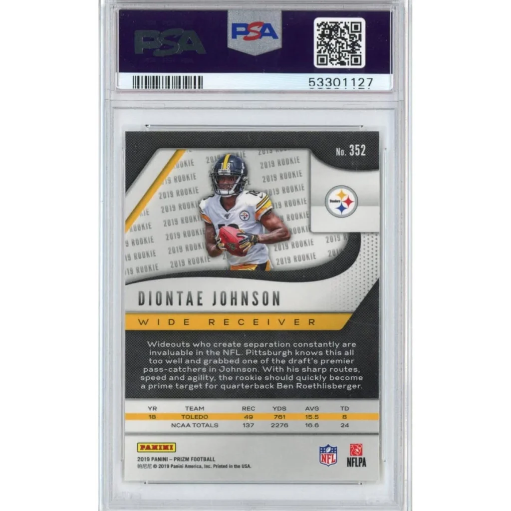 A graded 2019 Panini Prizm Diontae Johnson rookie football card in PSA holder