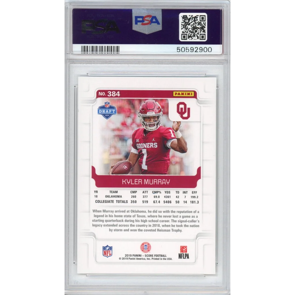 Graded Kyler Murray 2019 Panini Score football card in PSA case for collectors