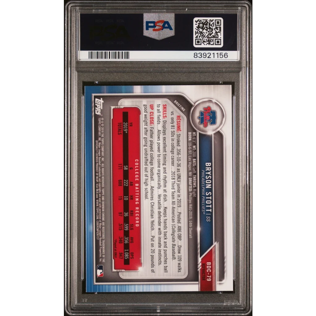 Graded Bryson Stott Chrome Refractor Rookie PSA 10 card from Topps Bowman Draft