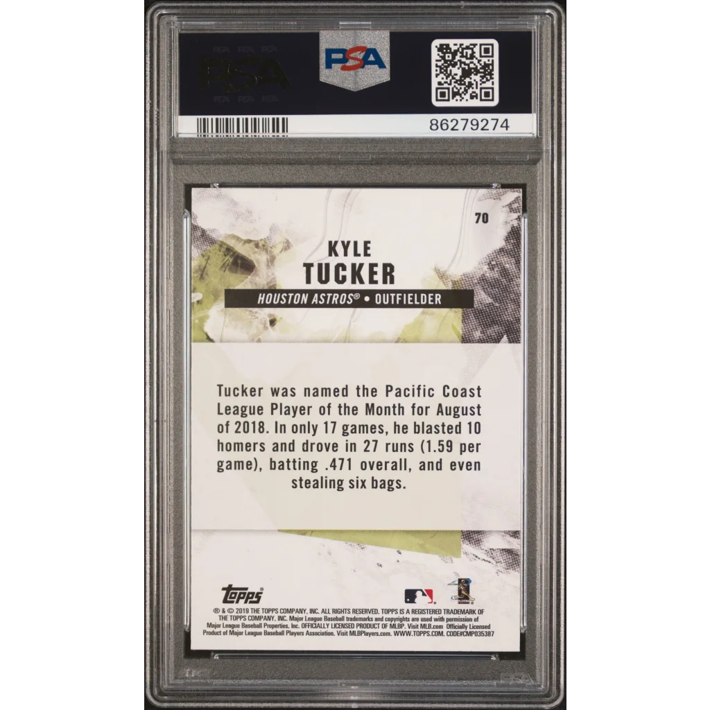 Graded PSA 10 Kyle Tucker 2019 Topps Fire Flame Baseball Card on display