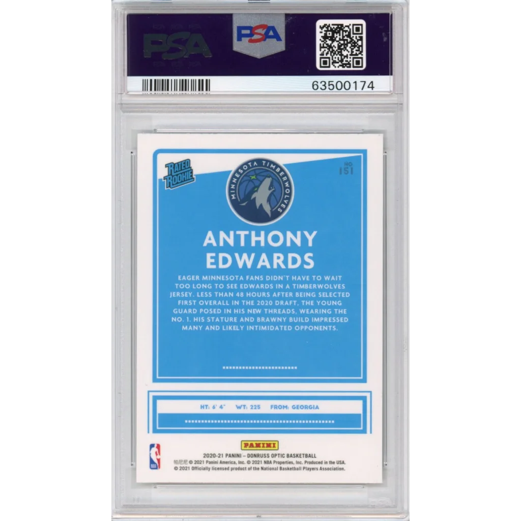 Graded 2020-21 Panini Donruss Optic Anthony Edwards #151 Rookie RC Basketball Card PSA 10 Gem Mint | PSA 10 Gem Mint Graded Rookie Card | vintageantiquesgifts.com