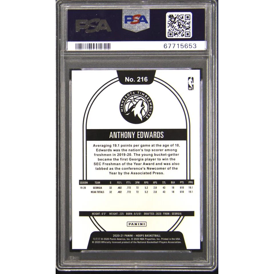 Graded Anthony Edwards 2020 Panini Hoops Blue Rookie Card in PSA case