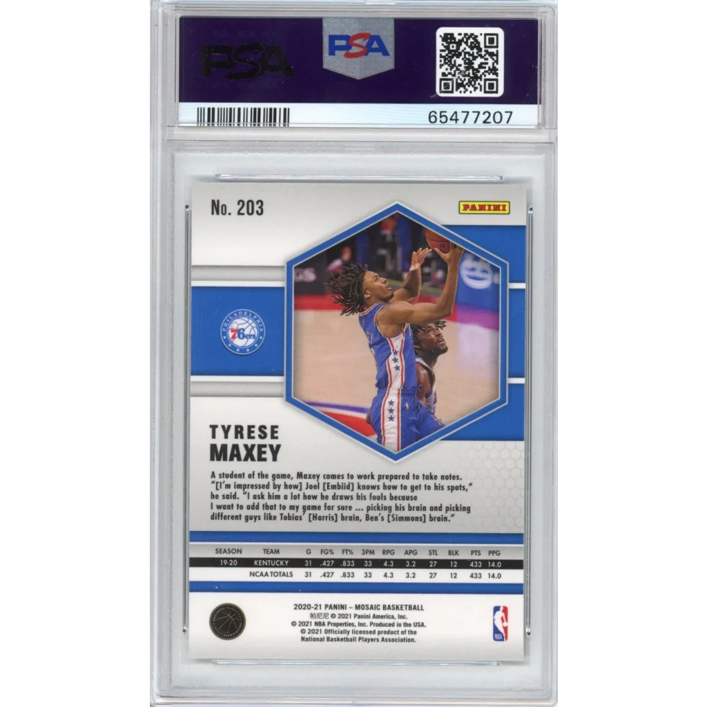 Graded 2020-21 Panini Mosaic Tyrese Maxey #203 Rookie RC Basketball Card PSA 10 Gem Mint | PSA 10 Gem Mint Graded Rookie Card | vintageantiquesgifts.com