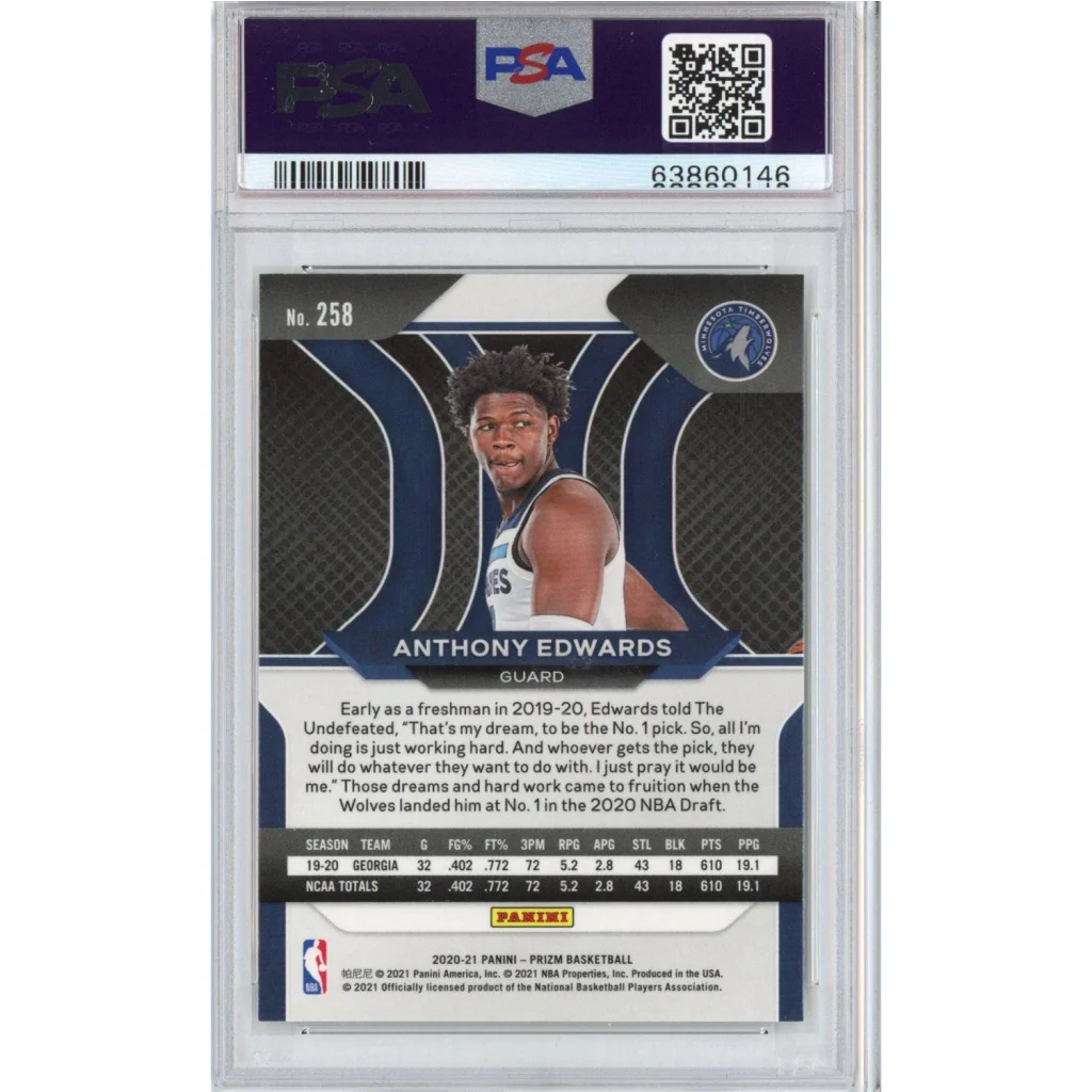 Graded 2020-21 Panini Prizm Anthony Edwards #258 Rookie RC Basketball Card PSA 10 Gem Mint | PSA 10 Gem Mint Graded Rookie Card | vintageantiquesgifts.com