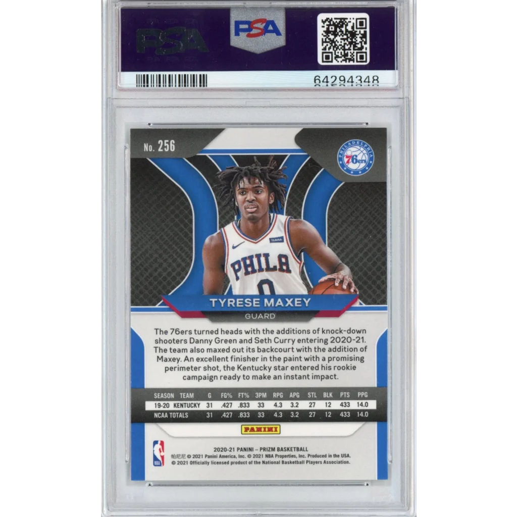 A graded PSA 10 Tyrese Maxey Rookie Card Prizm Gem Mint basketball card