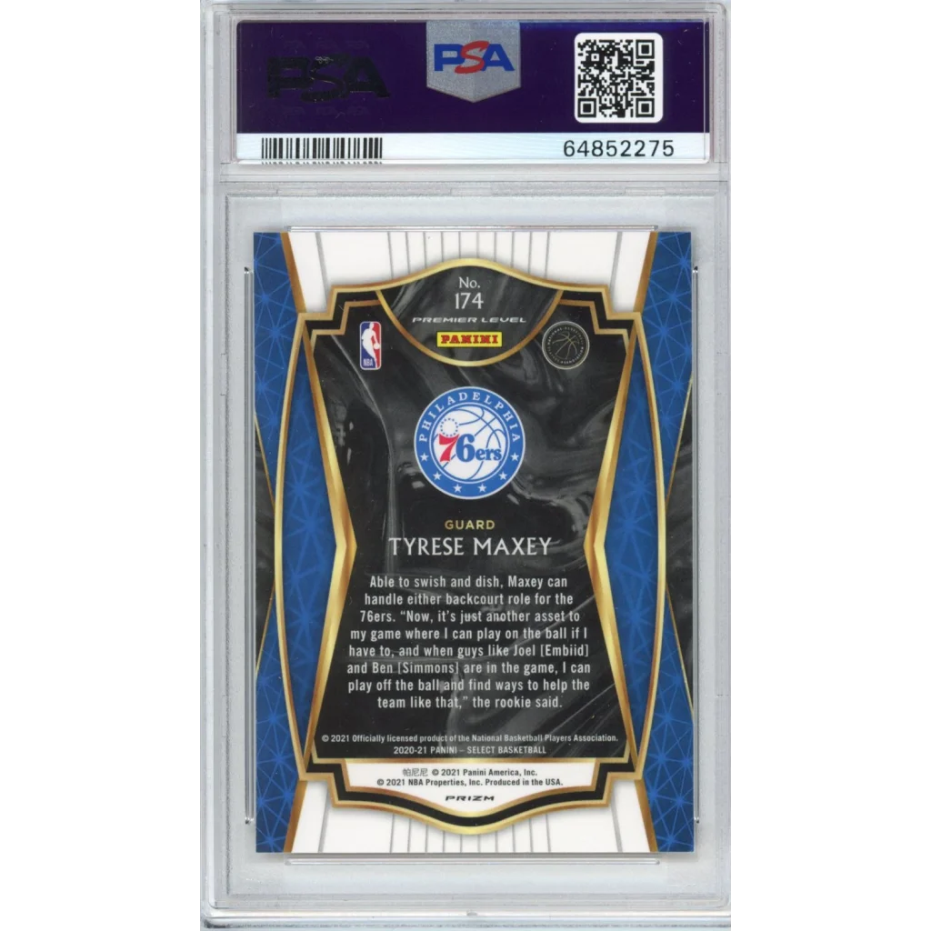 Graded PSA 10 2020-21 Panini Select Tyrese Maxey #174 rookie card in blue gold frame