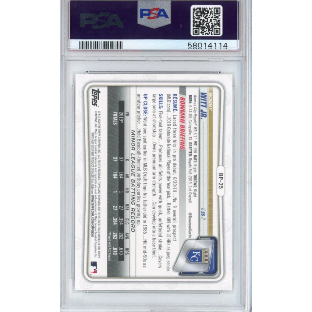 Graded 2020 Bowman Paper Prospects Bobby Witt Jr. #BP25 Rookie RC Baseball Card PSA 10 Gem Mint | PSA 10 Gem Mint Graded Rookie Card | vintageantiquesgifts.com
