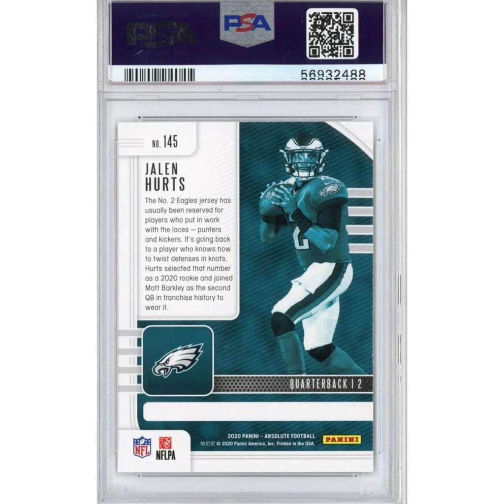 Graded Jalen Hurts football trading card in PSA Gem Mint 10 condition from 2020 Panini Absolute