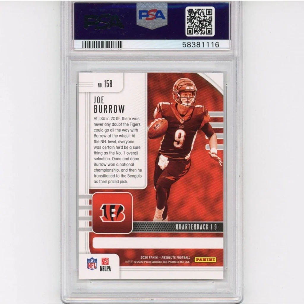 Graded 2020 Panini Absolute Joe Burrow rookie football card #158 in Cincinnati Bengals uniform encased in PSA 10 slab