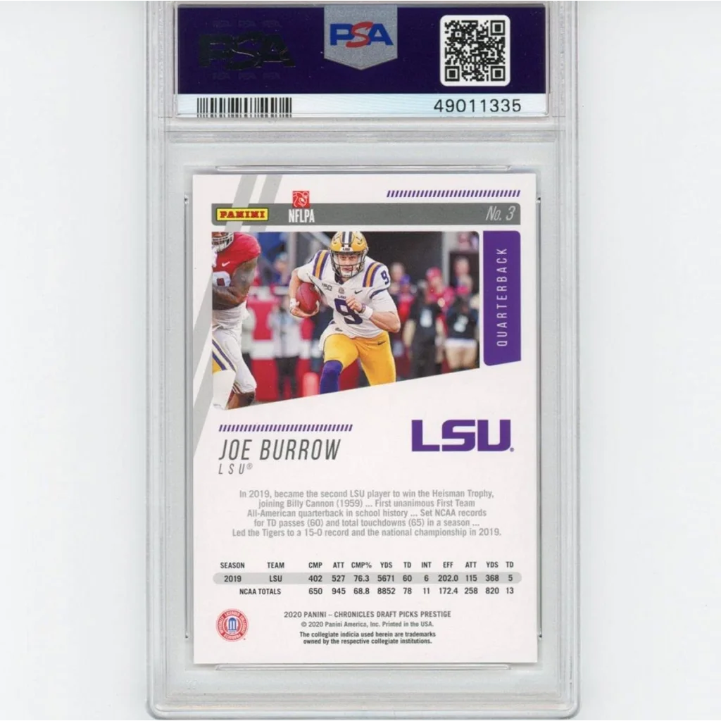 PSA graded Joe Burrow LSU rookie football card on display