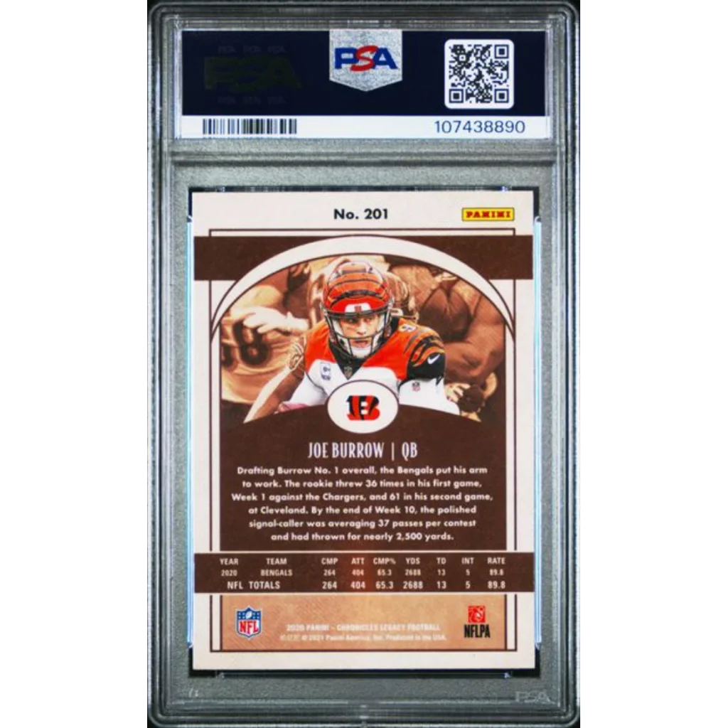 Graded 2020 Panini Chronicles Joe Burrow #201 Legacy Rookie RC Football Card PSA 10 Gem Mint | PSA 10 Gem Mint Graded Rookie Card | vintageantiquesgifts.com