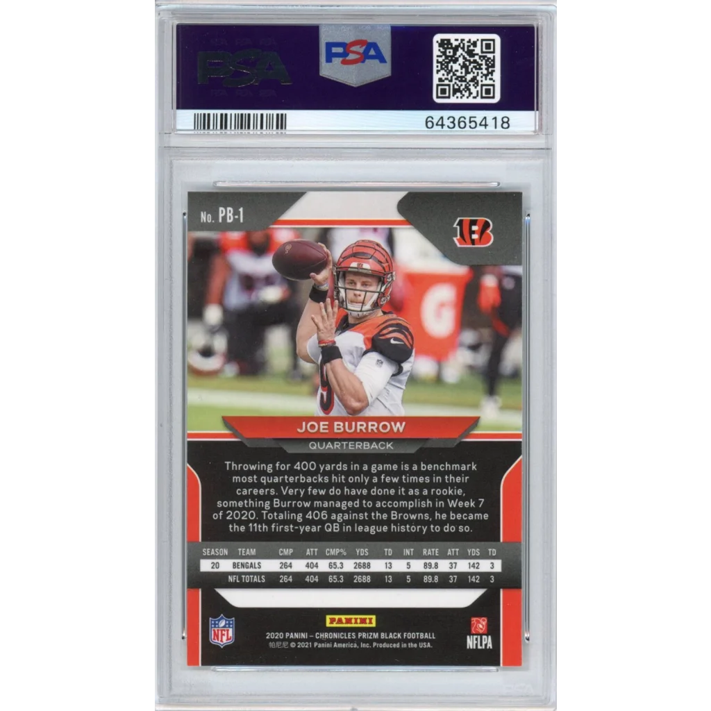 Graded 2020 Panini Chronicles Joe Burrow #PB1 Prizm Black Rookie RC Football Card PSA 10 Gem Mint | PSA 10 Gem Mint Graded Rookie Card | vintageantiquesgifts.com