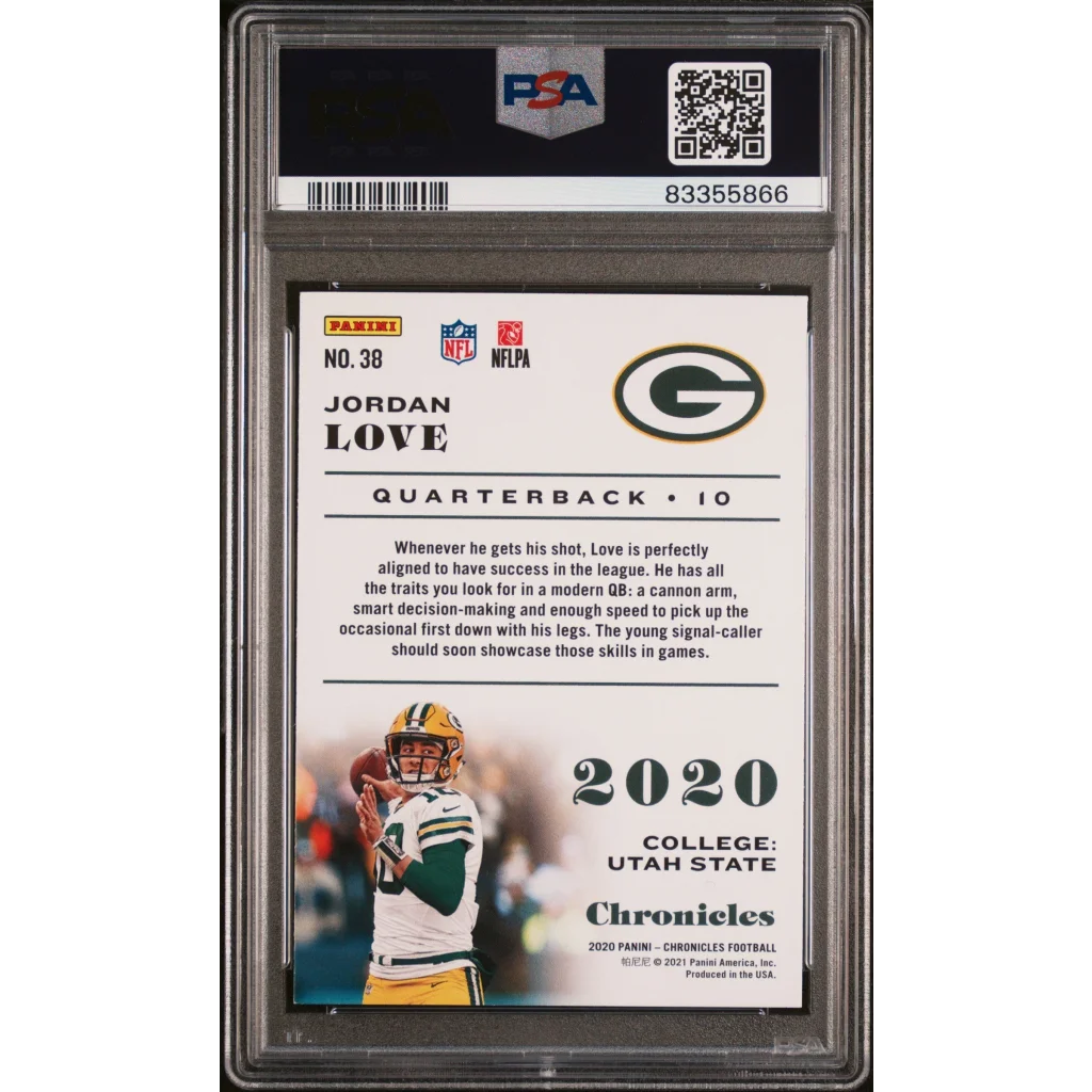 Graded Jordan Love football trading card from 2020 Panini Chronicles in PSA case