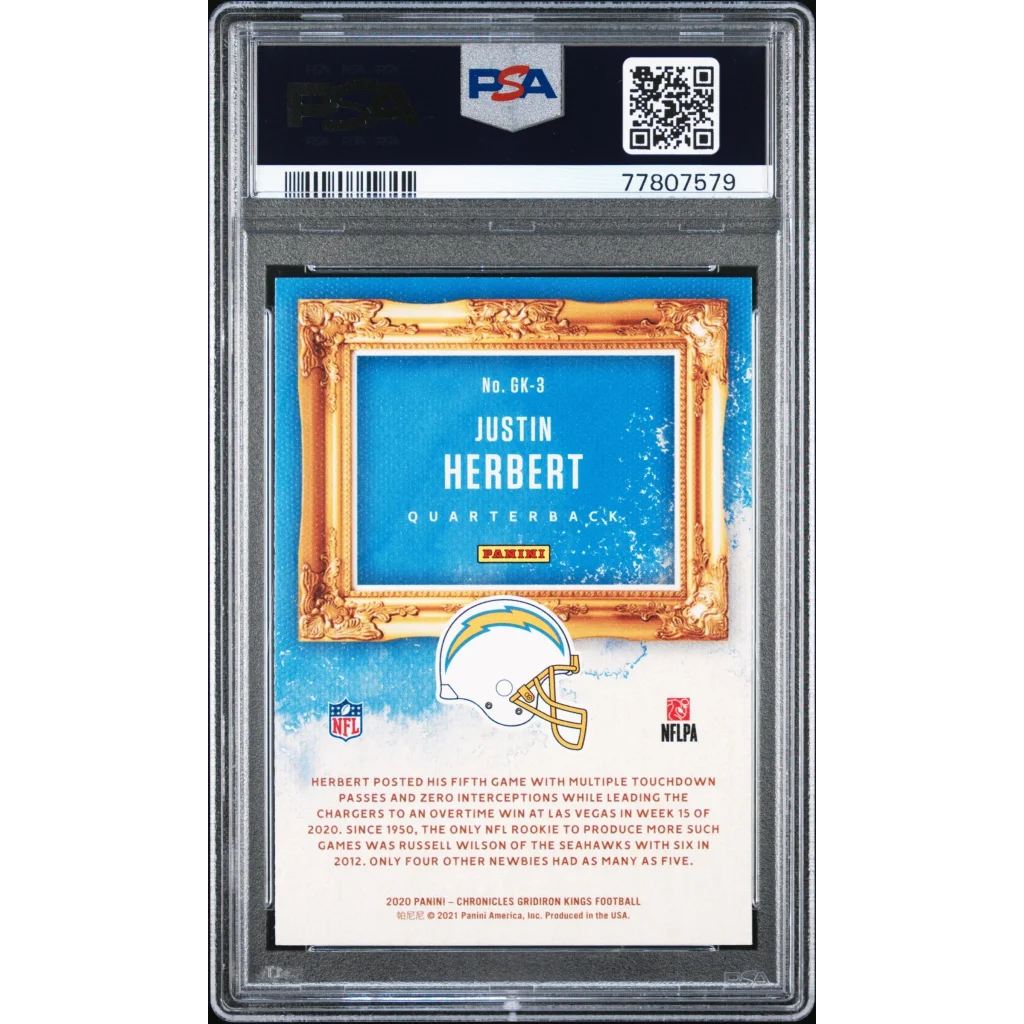 Graded 2020 Panini Chronicles Justin Herbert #GK3 Gridiron Kings Rookie RC Football Card PSA 10 Gem Mint | PSA 10 Gem Mint Graded Rookie Card | vintageantiquesgifts.com