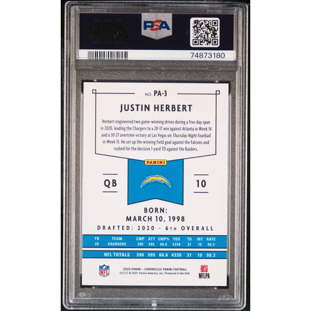 Graded Justin Herbert 2020 Panini Chronicles Rookie Card in PSA holder