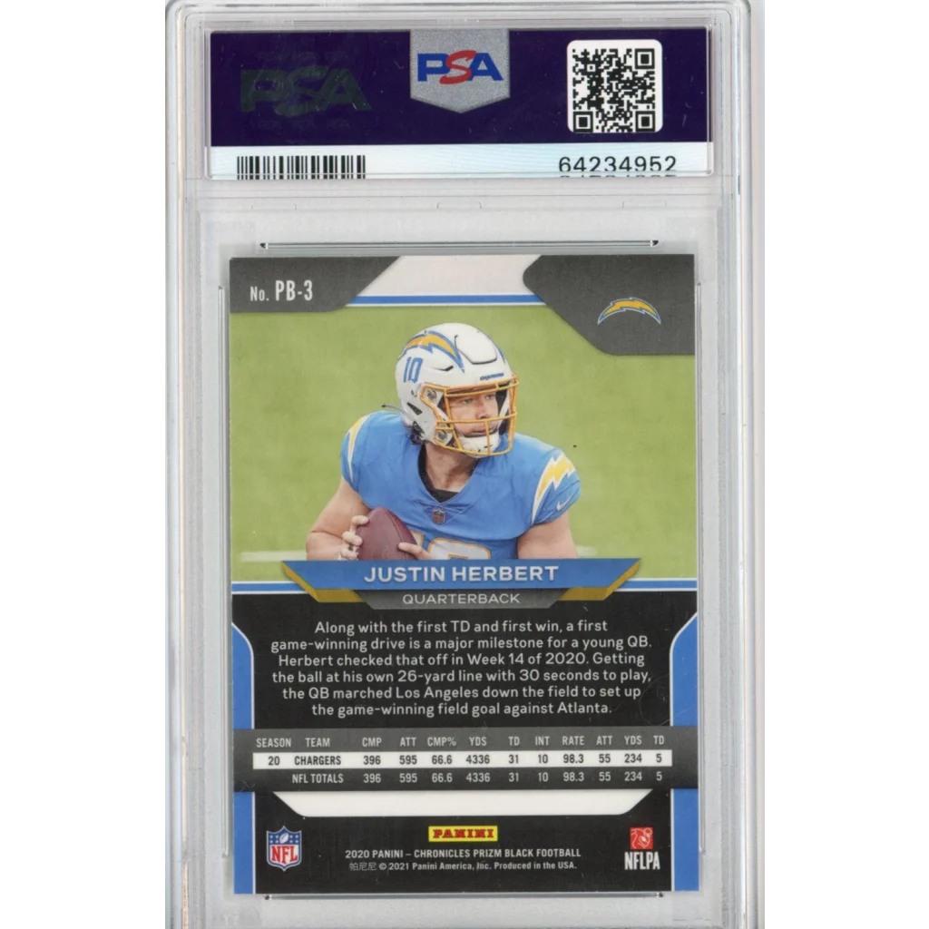 Graded 2020 Panini Chronicles Justin Herbert #PB3 Prizm Black Rookie RC Football Card PSA 10 Gem Mint | PSA 10 Gem Mint Graded Rookie Card | vintageantiquesgifts.com