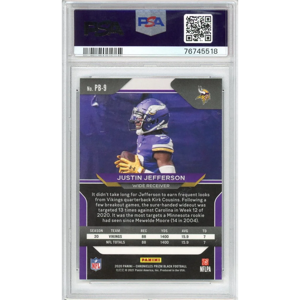 Graded 2020 Panini Chronicles Justin Jefferson #PB9 Prizm Black Rookie RC Football Card PSA 10 Gem Mint | PSA 10 Gem Mint Graded Rookie Card | vintageantiquesgifts.com