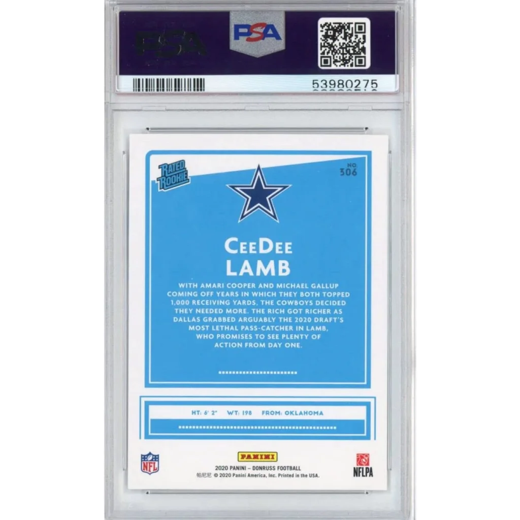 Graded CeeDee Lamb 2020 Panini Donruss Canvas Rookie Football Card in PSA case