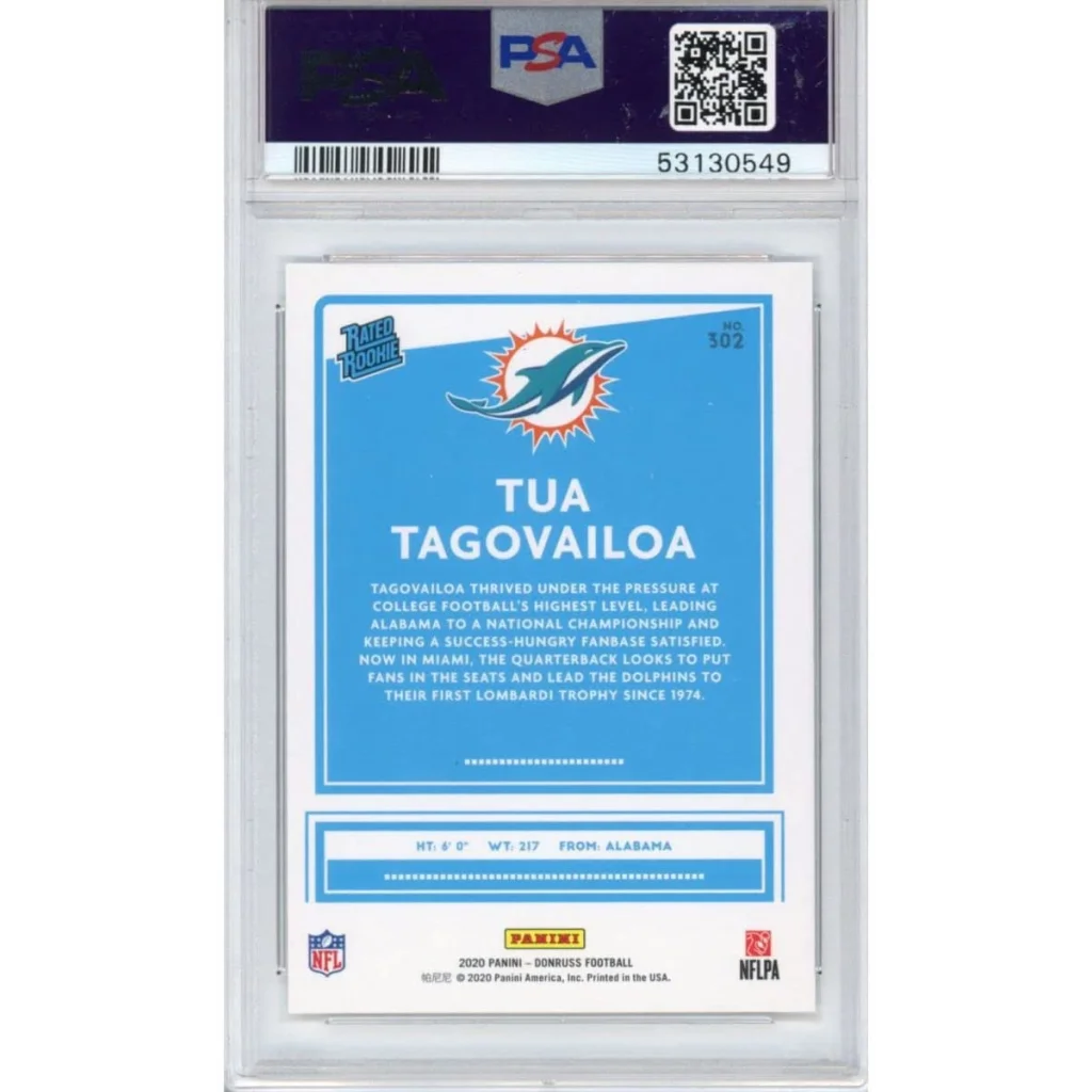 A graded PSA 10 Tua Tagovailoa 2020 Panini Donruss rookie football card