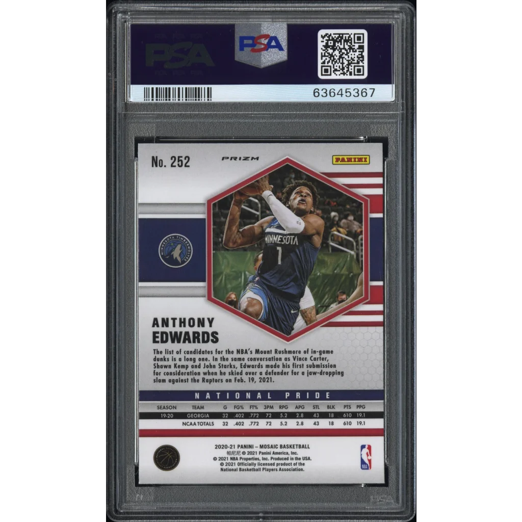 PSA 10 Anthony Edwards 2020-21 Panini Mosaic Reactive Blue Rookie Card in display