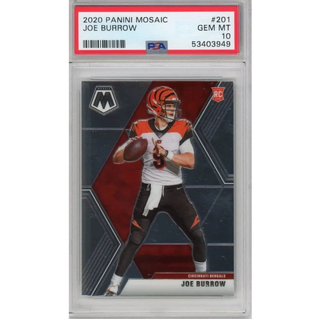 PSA graded 2020 Panini Mosaic Joe Burrow Rookie Card showing vibrant football collectible
