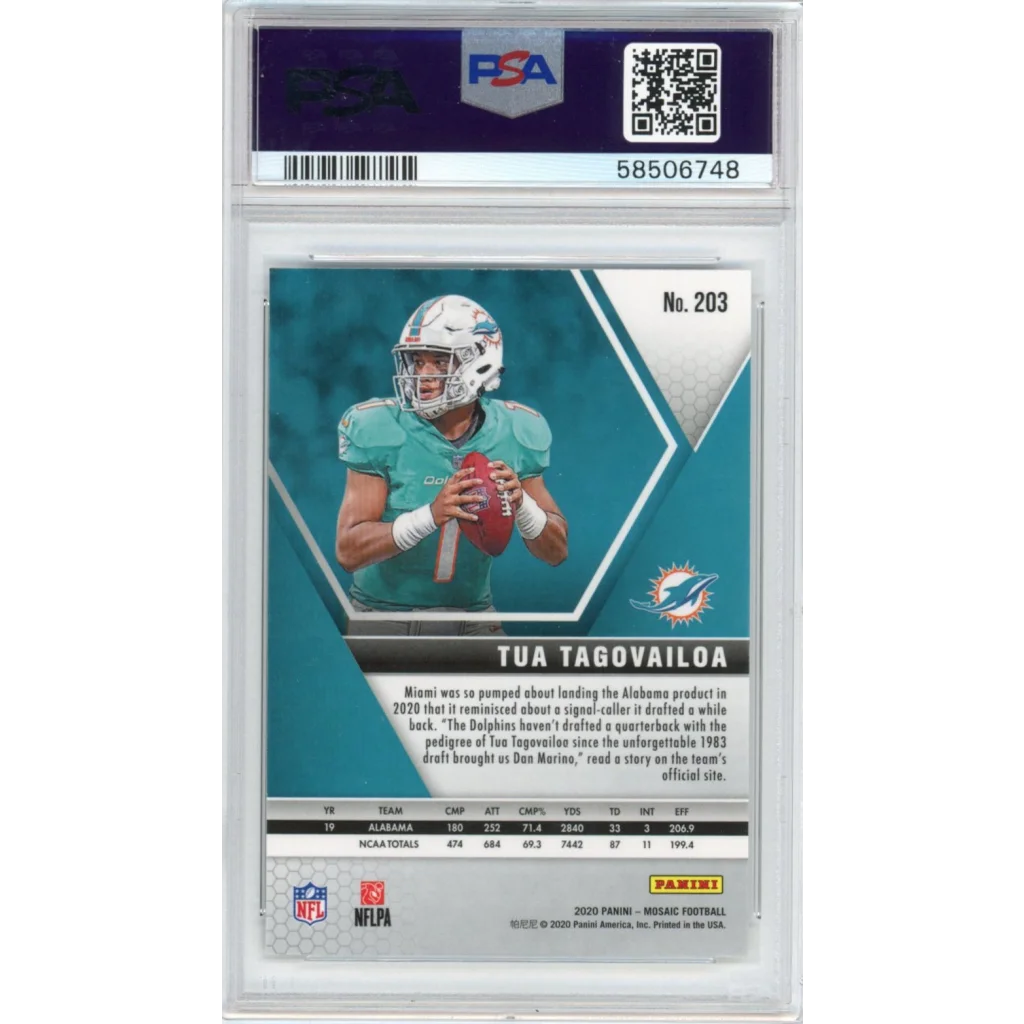 Graded 2020 Panini Mosaic Tua Tagovailoa #203 Rookie RC Football Card PSA 10 Gem Mint | PSA 10 Gem Mint Graded Rookie Card | vintageantiquesgifts.com