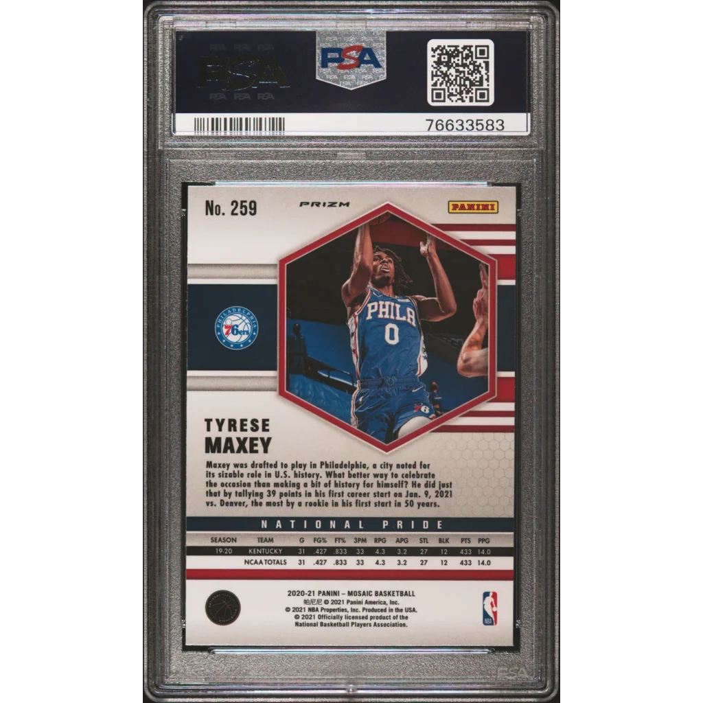 PSA graded Tyrese Maxey 2020 Mosaic Reactive Blue basketball card for collectors
