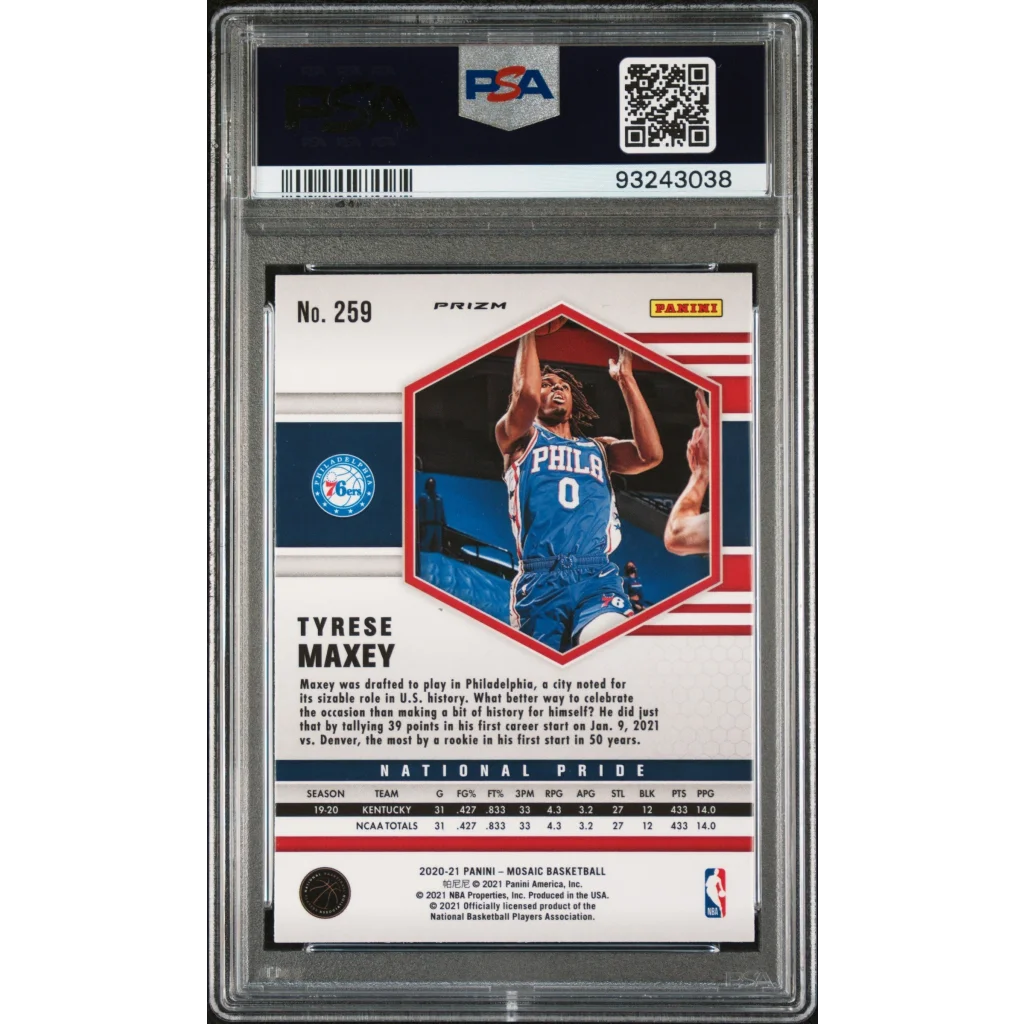 PSA graded Tyrese Maxey 2020-21 Panini Mosaic rookie card for professional sports collectors