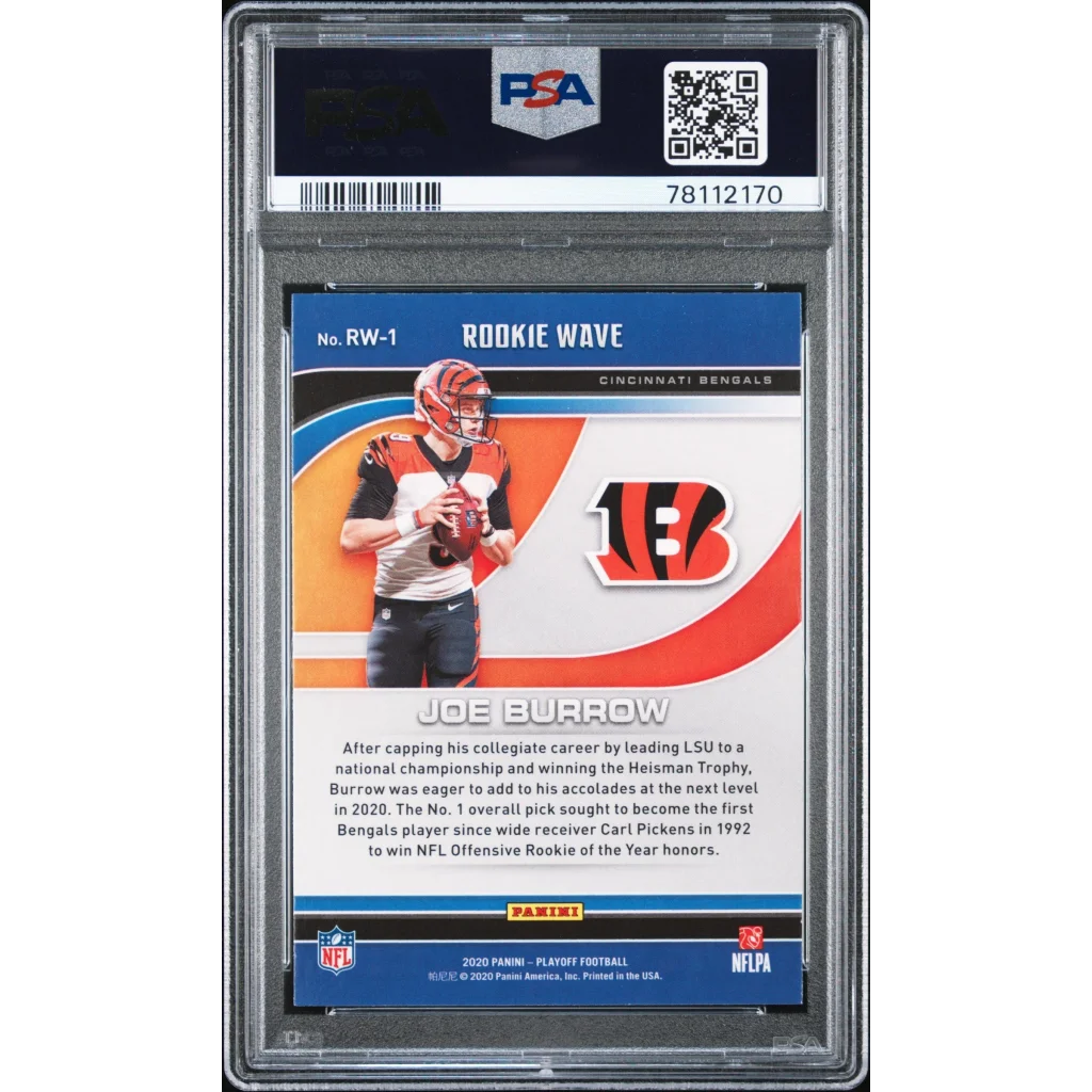 Graded 2020 Panini Playoff Joe Burrow #RW1 Rookie Wave Rookie RC Football Card PSA 10 Gem Mint | PSA 10 Gem Mint Graded Rookie Card | vintageantiquesgifts.com