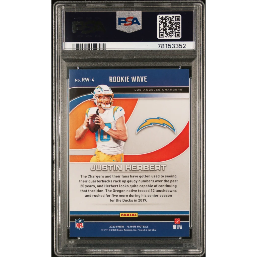 Graded 2020 Panini Playoff Justin Herbert #RW4 Rookie Wave Rookie RC Football Card PSA 10 Gem Mint | PSA 10 Gem Mint Graded Rookie Card | vintageantiquesgifts.com